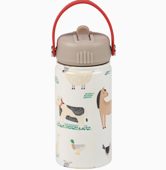 A stainless steel water bottle with a white background decorated with cute farm animal illustrations, featuring a beige lid and a red carrying handle.