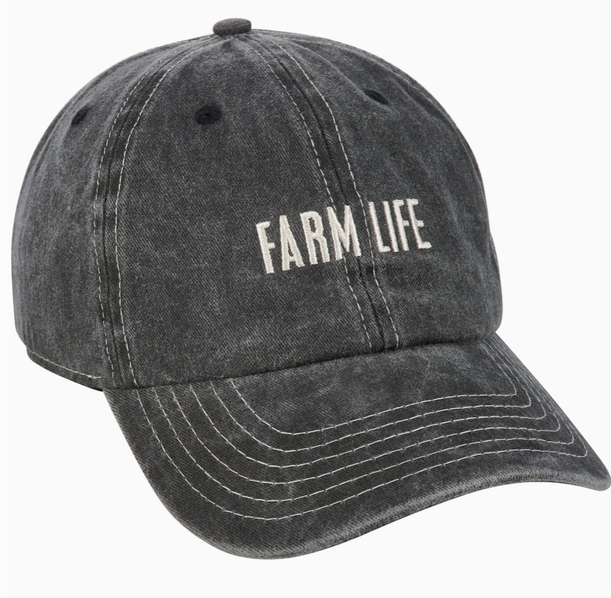Dark Gray baseball hat with "farm life" embroidered on it, on a white background.