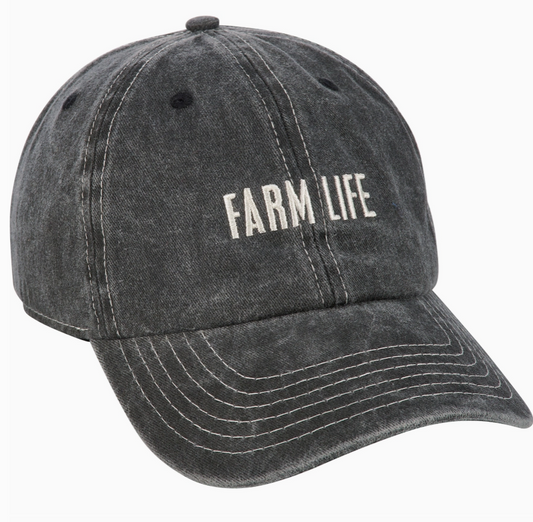 Dark Gray baseball hat with "farm life" embroidered on it, on a white background.