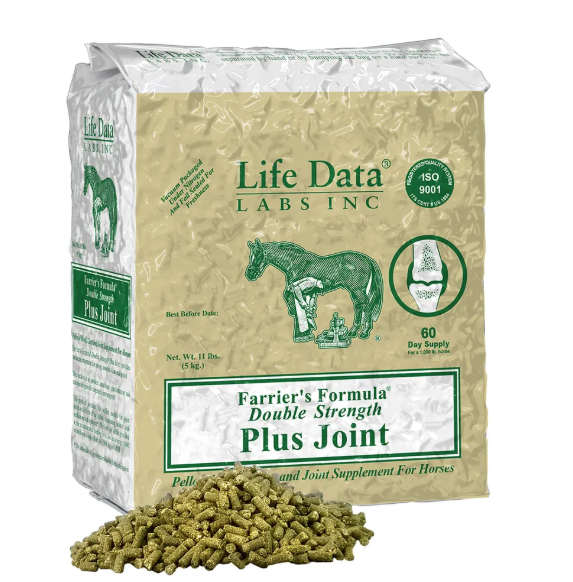 Bag of Life Data Labs Inc Farrier's Formula Double Strength Plus Joint supplement for horses with a small pile of green pellets.