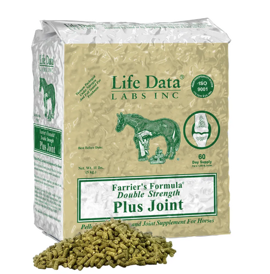 Bag of Life Data Labs Inc Farrier's Formula Double Strength Plus Joint supplement for horses with a small pile of green pellets.