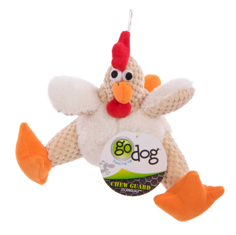 Plush chicken-shaped toy with a red comb and orange feet, featuring the 'goDog' brand on a white background.