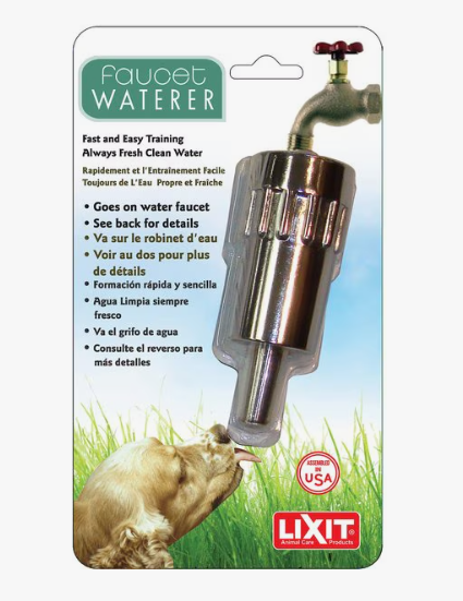 LIXIT faucet waterer packaging with a dog drinking water on a grassy background