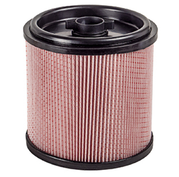 Cylindrical air filter with black top and bottom on a white background
