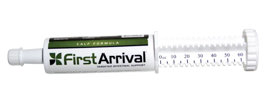 Tube of 'First Arrival' calf formula on a white background