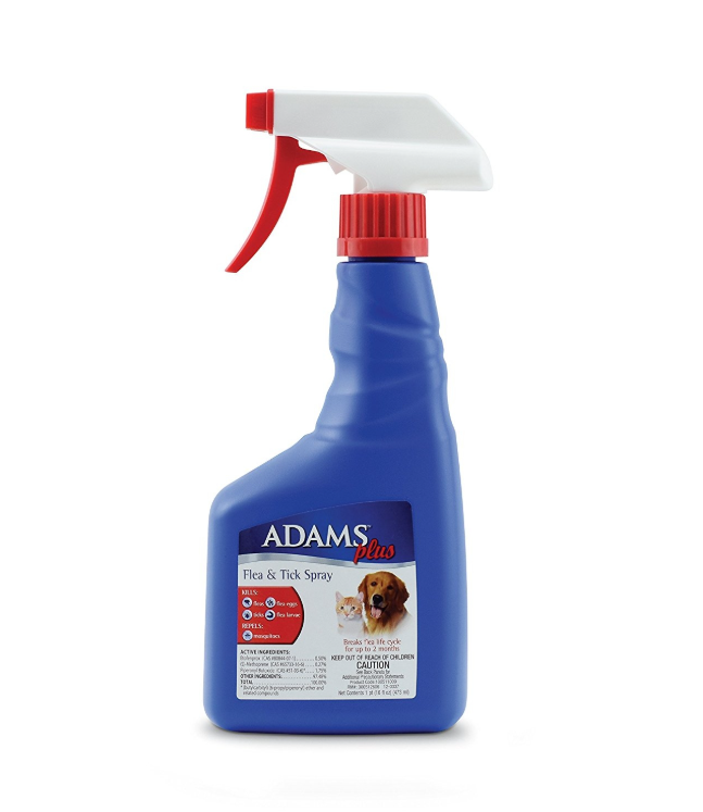 Blue bottle of Adams Plus Flea & Tick Spray on a white background.