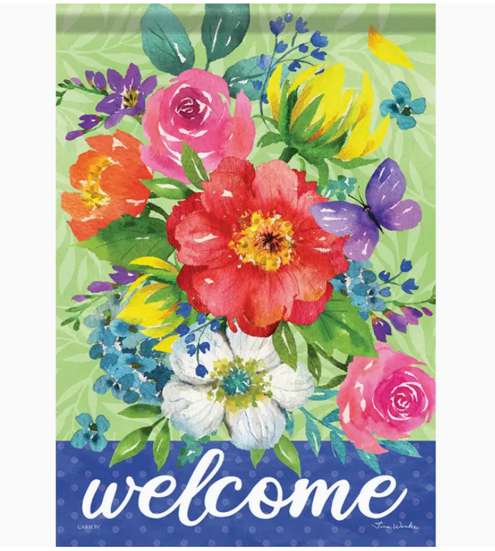 Decorative flag with colorful flowers and the word 'welcome' on a green background