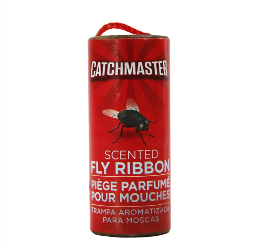 Red canister of Catchmaster scented fly ribbon on a white background