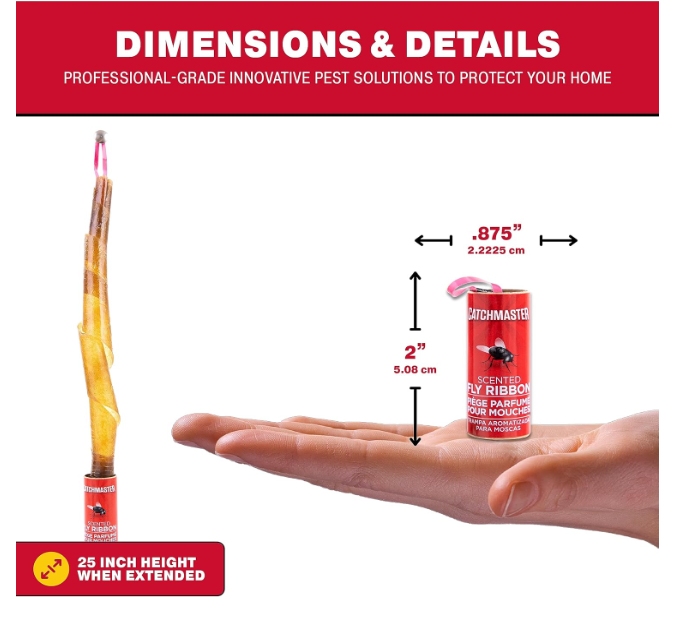 Pest control product with dimensions shown on a hand
