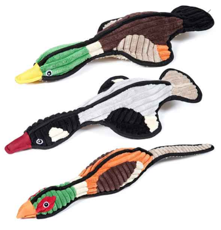 Three goose-shaped dog toys in different colors on a white background