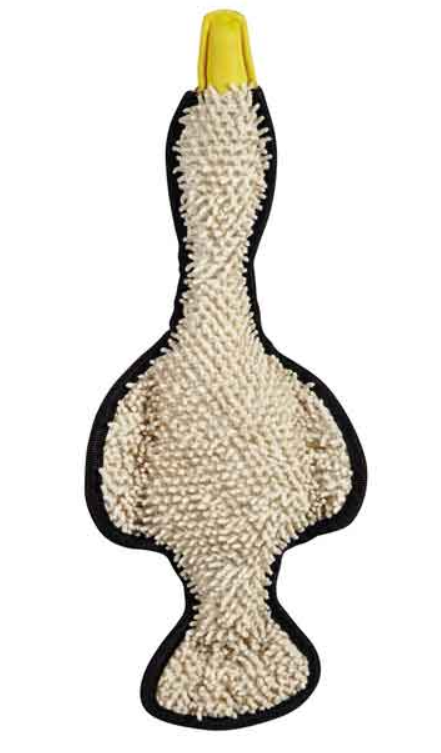 Dog toy shaped like a duck with a yellow beak on a white background