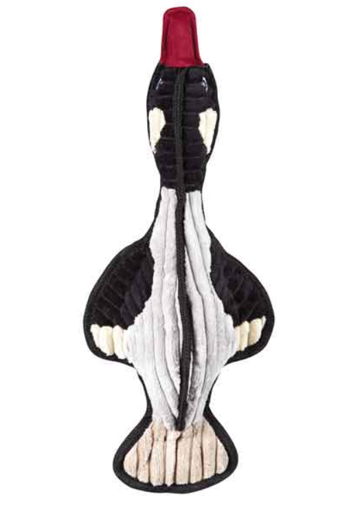Dog toy shaped like a goose with black, white, and red colors on a white background