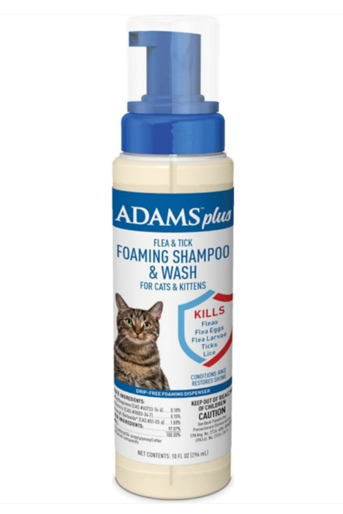 Bottle of Adams Plus foaming shampoo and wash for cats on a white background