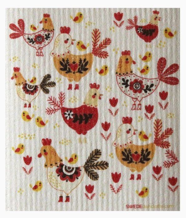 Dishcloth with chicken and floral pattern, featuring the brand 'Swede'.