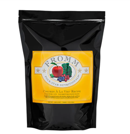 Black cat food package with yellow label featuring 'Fromm' brand on a white background