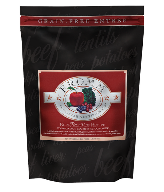 Bag of Fromm beef flavored dog food with burgundy label on black background.