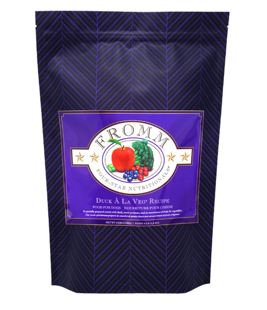 Purple pet food package with 'Fromm' branding and product details on a white background