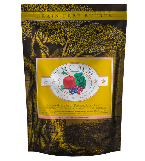 Fromm dog food package with a black and yellow design on a white background