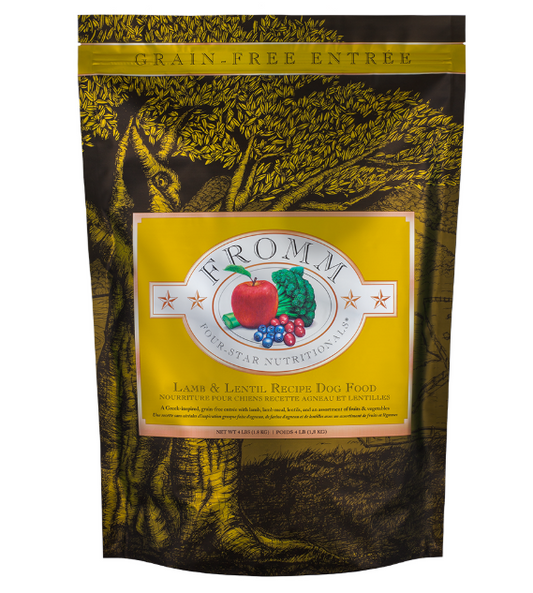 Fromm dog food package with a black and yellow design on a white background