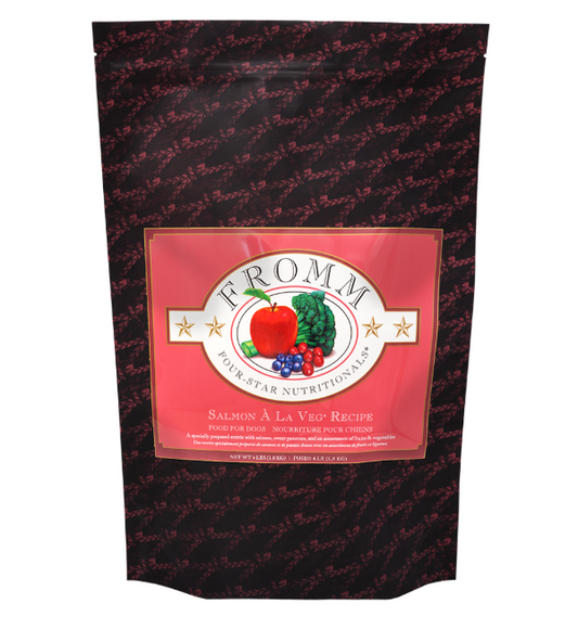 Fromm pet food package with a pink label on a black background