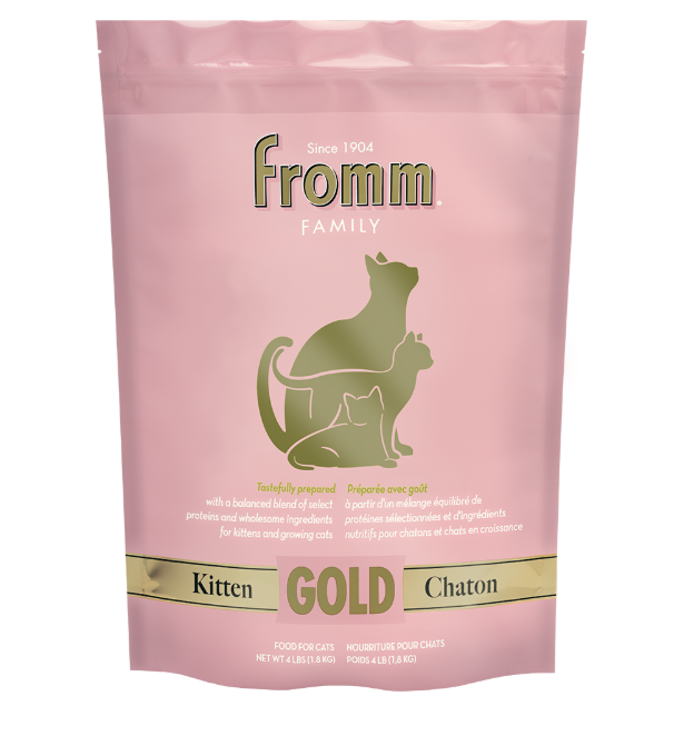 Pink bag of Fromm Family Kitten Gold cat food with green text and cat illustrations.