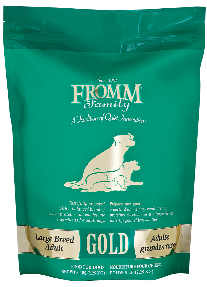 Green bag of Fromm Family Gold dog food for large breeds on a white background
