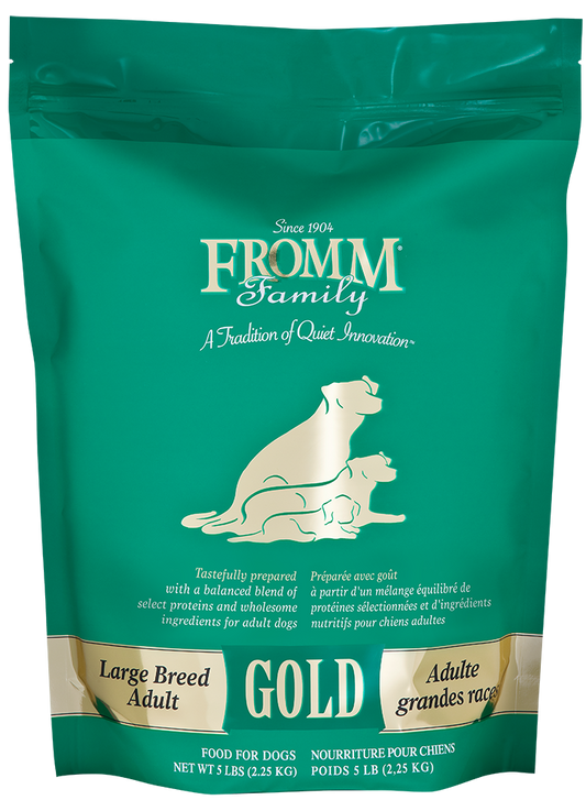 Green bag of Fromm Family Gold dog food for large breeds on a white background
