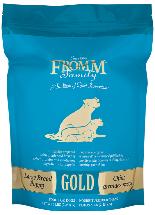 Package of Fromm Family Gold Large Breed Puppy food on a white background