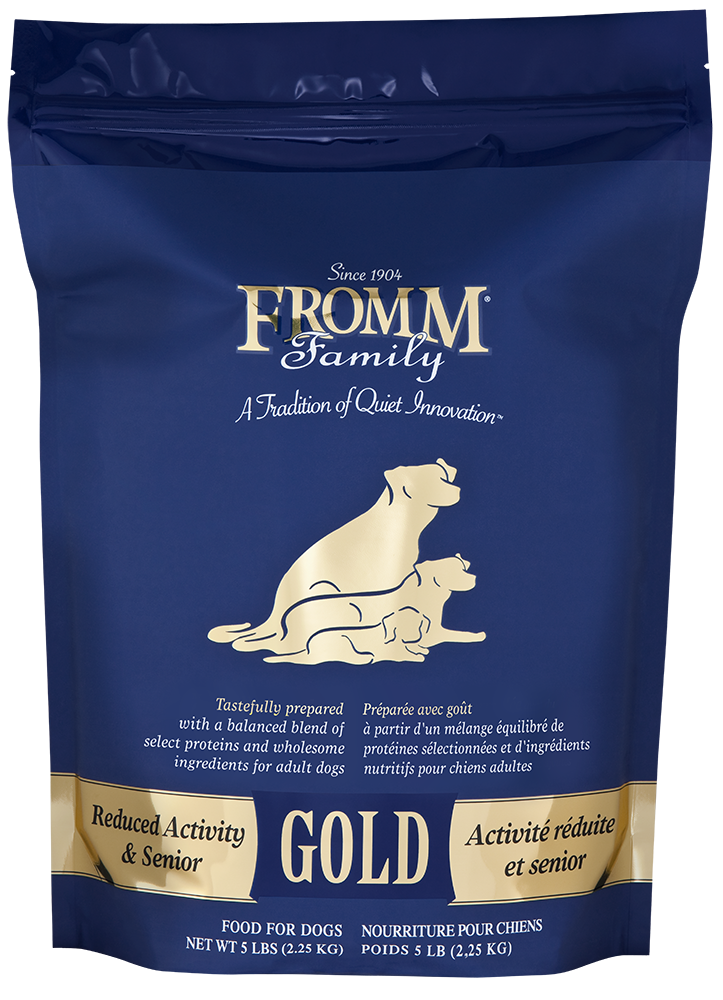 Fromm Family Gold Reduced Activity & Senior dog food packaging on a white background