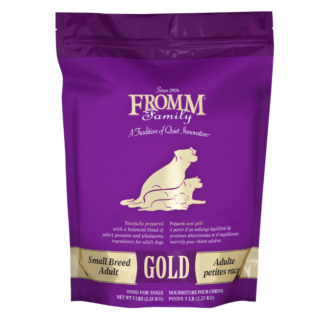 Purple package of Fromm Family Gold dog food for small breeds on a white background