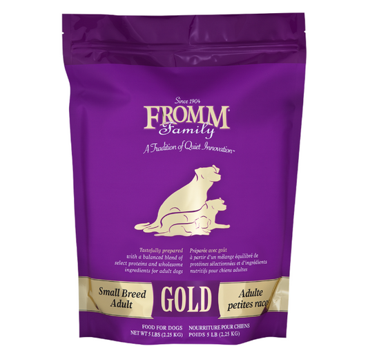 Purple package of Fromm Family Gold dog food for small breeds on a white background