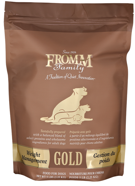 Brown package of Fromm Family Gold dog food for weight management.