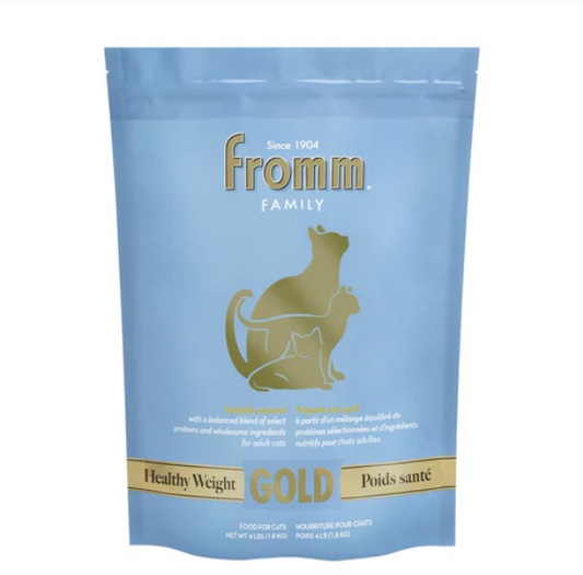 Fromm Family pet food package for healthy weight cats on a white background