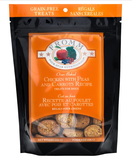 Orange package of Fromm dog treats with text and branding