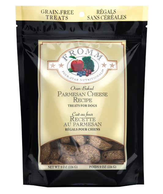Package of Fromm Parmesan Cheese Recipe dog treats on a white background
