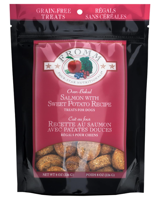 Package of Fromm Oven-Baked Salmon with Sweet Potato Recipe dog treats on a white background