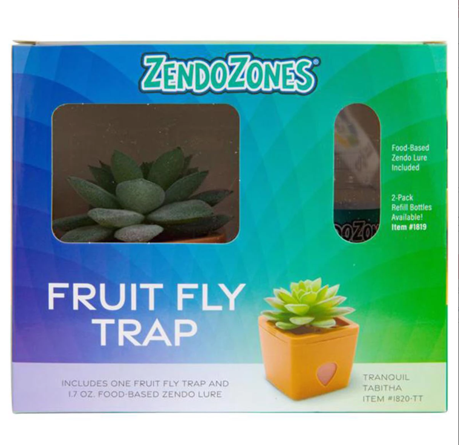 ZendoZones fruit fly trap packaging with a succulent plant on a gradient blue and green background.