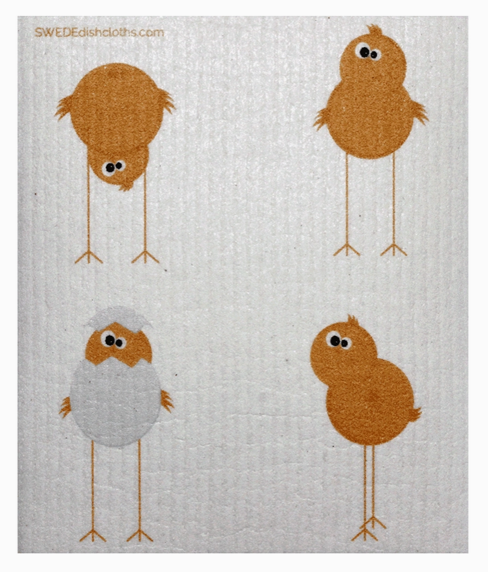 Dishcloth with cartoon birds design on a light background