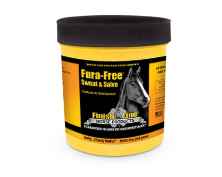 Yellow tub of Fura-Free Sweat & Salve on a white background.