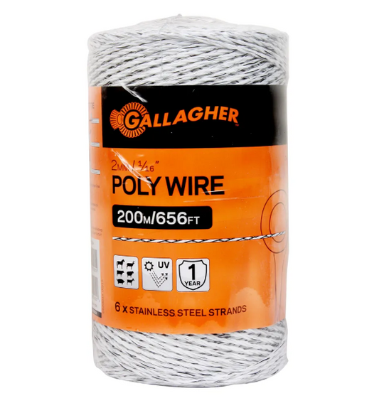 Roll of Gallagher poly wire on a white background