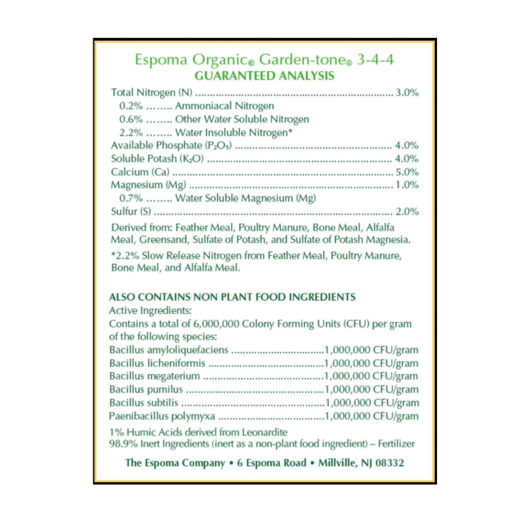 Espoma Organic Garden-tone 3-4-4 fertilizer guaranteed analysis chart on a white background