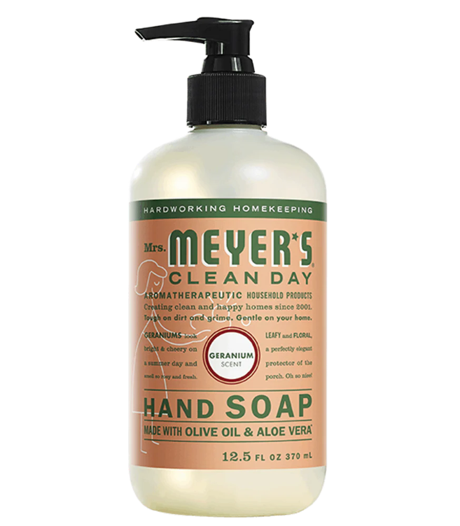 Bottle of Mrs. Meyers Geranium scented liquid hand soap on a white background.