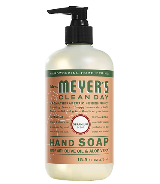 Bottle of Mrs. Meyers Geranium scented liquid hand soap on a white background.