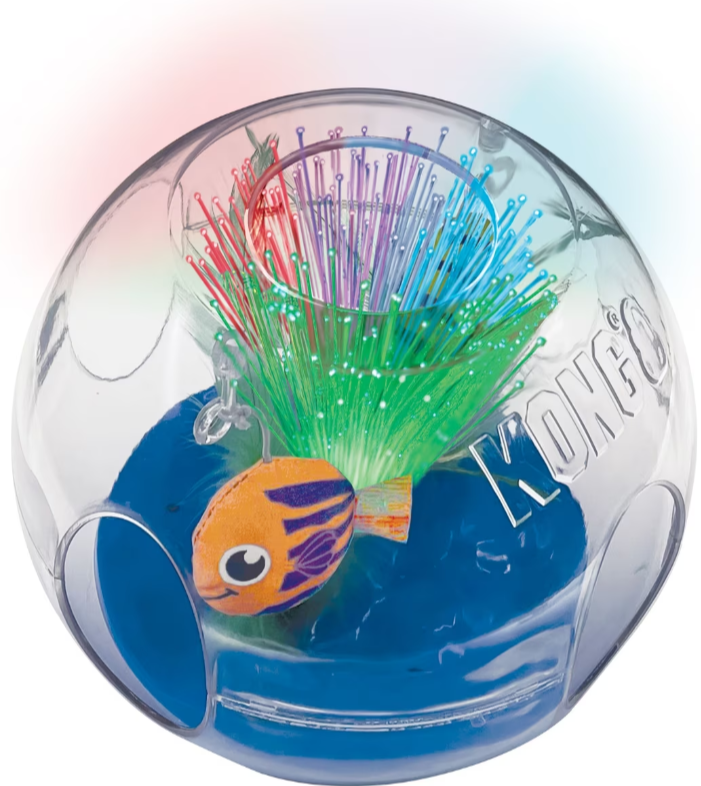 Clear ball cat toy with colorful fibers and a fish-shaped object inside, featuring the Kong brand, on a white background.