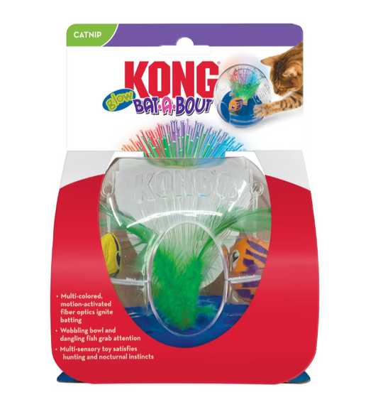 KONG Glow Bat-a-Bout cat toy packaging with colorful elements on a white background