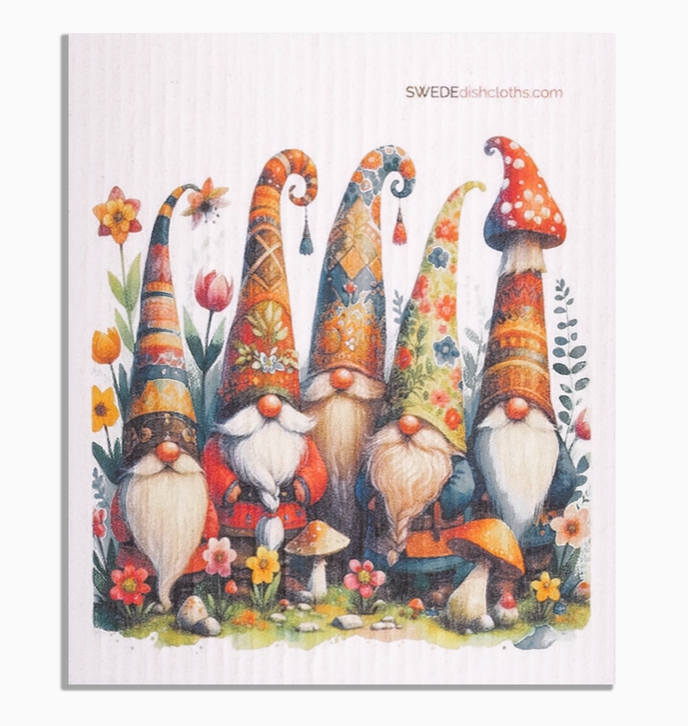 Five colorful gnomes with patterned hats on a white background, featuring the brand 'Swede dishcloths'.