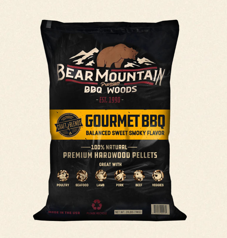 Bag of Bear Mountain BBQ Woods BBQ pellets on a beige background