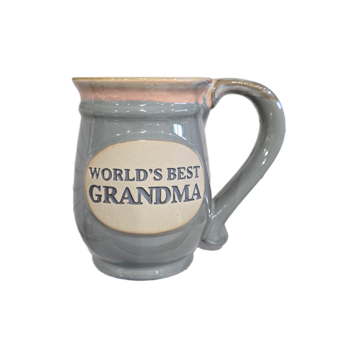 Gray mug with wording "World's Best Grandma" on a white background.
