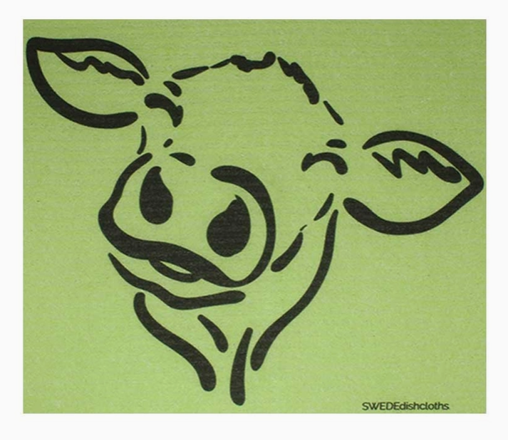 Black outline of a cow's face on a green background with 'SWEDEdishcloths' branding.