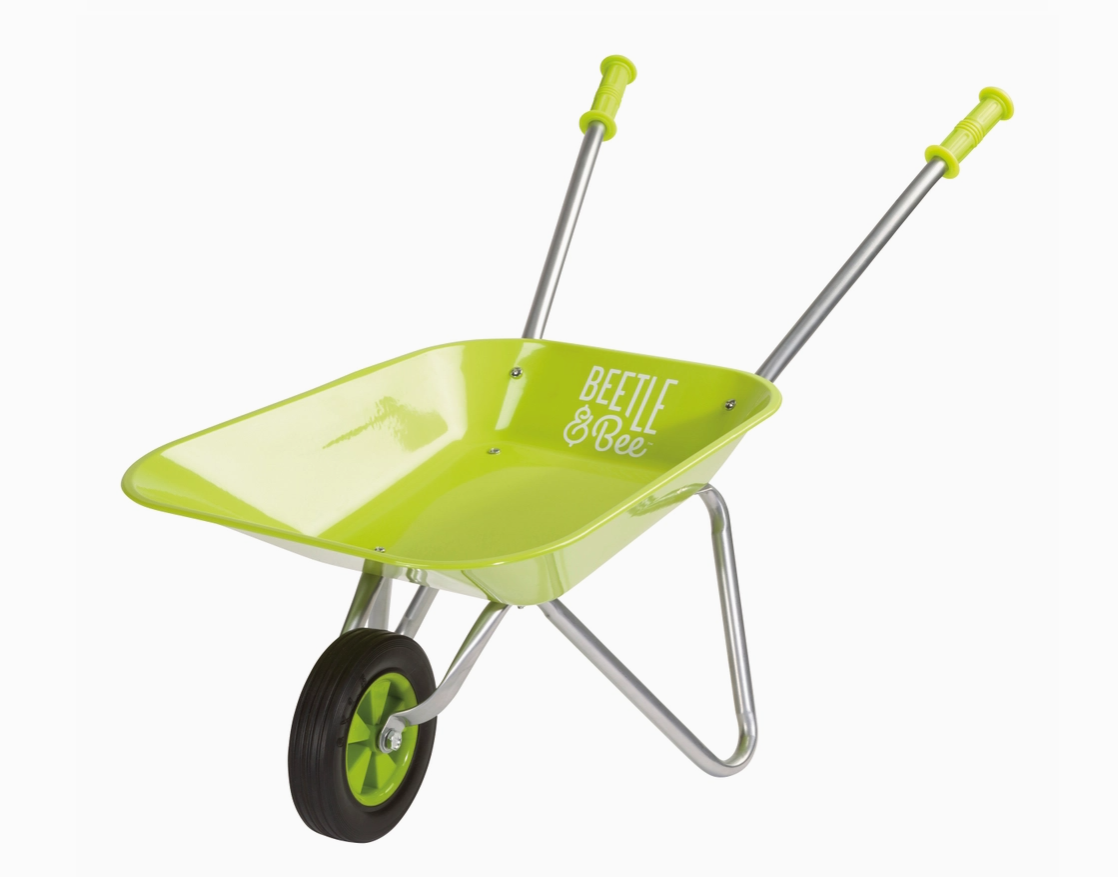 Green children's wheelbarrow with 'Beetle & Bee' branding on a white background